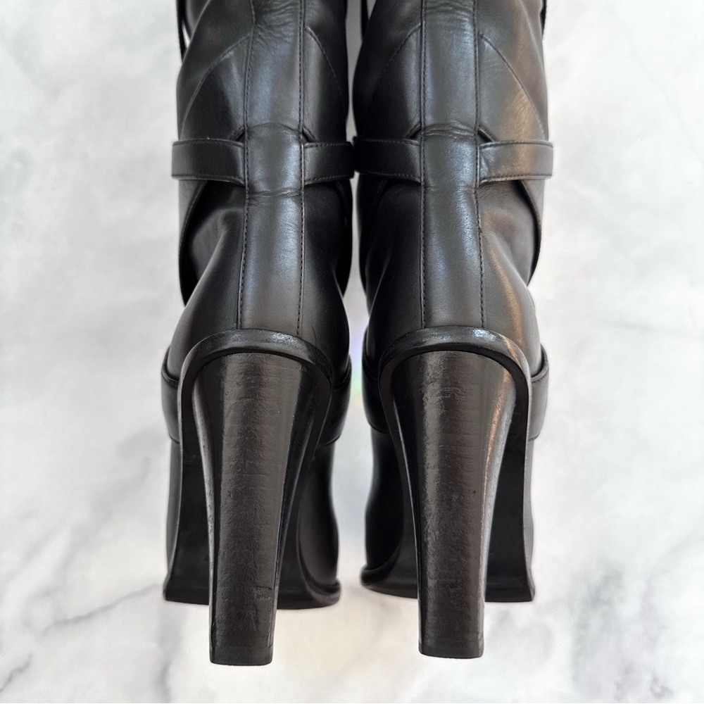 Saint Laurent Strappy Leather Wrap Around Tall Knee High Block Heeled Boot Black - Picture 8 of 16